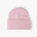 Pink knit beanie for women, cute double bow design, soft wool blend warm winter hat detail - One Size (55-60) / Pink