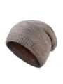 Gorro de punto de invierno cálido para hombre y mujer, forrado con parche de cuero. - Caqui
