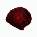 Burgundy knit slouchy beanie with 3D felt flower and rhinestone details, winter warmth. - M (56-58cm) / Red