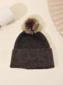 Winter knit pom pom beanie for women, warm sequin slouchy cuffed wool hat solid color cap - One Size / Coffee