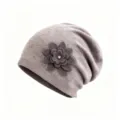 Cozy grey knit slouchy beanie hat with a 3D fabric flower and rhinestones for women winter. - M (56-58cm) / Khaki