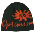 Primer plano detallado que muestra el motivo de girasol tejido y las letras Optimism en el gorro. - M (56-58cm) / Negro con Bordado de Sol