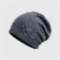 Grey knit slouchy beanie detail, 3d flower rhinestone decor, warm winter hat closeup. - M (56-58cm) / Gray