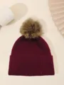 Women winter sequin pom pom knit hat warm cuffed beanie solid color stylish winter cap - One Size / Burgundy