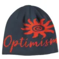 Detailed view of the dark grey knitted beanie with red sun and Optimism jacquard. - M (56-58cm) / Dark Gray