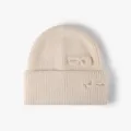 Beige knit beanie hat featuring dual bows, soft wool blend winter warm cuffed pull-on. - One Size (55-60) / Off White