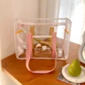 Clear PVC beach tote bag with pink straps and cute bear graphic for summer outdoor travel. - Pink and Yellow Handle
