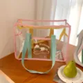 Transparent PVC tote bag for summer beach and waterproof swimming storage bag detail. - Cyan and Yellow Handle