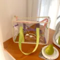 Summer transparent PVC tote bag, large capacity beach bag, waterproof swim storage bag. - Green and Purple Handle
