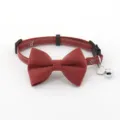 Red denim pet collar detail, vintage bowknot and metal bell, close up shot for cats and small dogs. - Brick Red