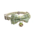 Green white plaid pet collar detail, bowknot design, cute bell, soft fabric, ideal for cat dogs. - Green Checkerboard