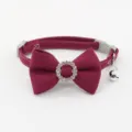 Burgundy rhinestone bow cat collar with bell, elegant pet necklace for small dogs. - Bowknot Choker / Fuschia
