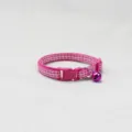 Close-up of pink plaid pet collar detail with cute bell and buckle, soft woven fabric design. - Rose Pink