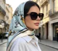 Elegant french vintage style silk square scarf with horse print, stylish neck and head wrap. - 70x70cm / Light Green