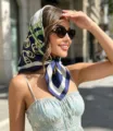 French vintage chain print silk scarf, elegant square neckerchief and hair scarf for women. - 70x70cm / Navy Circle Chain