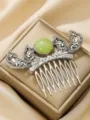 Vintage retro ethnic alloy green resin stone women hair comb hair ornament clip - Hollow Lotus Side Hair Comb / Antique Silver