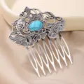 Vintage ethnic alloy hair comb with turquoise resin stone, elegant floral fish hair accessory - Lotus Leaf Side Hair Comb / Antique Silver