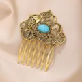 Vintage gold alloy hair comb with turquoise resin stone, elegant retro hair accessory - Lotus Leaf Side Hair Comb / Antique Gold