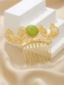 Vintage ethnic alloy green resin stone women hair comb daily hair accessory variant - Hollow Lotus Side Hair Comb / Gold
