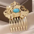 Vintage ethnic style alloy hair comb for women with turquoise resin stone, elegant hair accessory. - Lotus Leaf Side Hair Comb / Gold