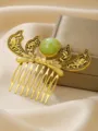 Vintage ethnic gold alloy green resin stone hair comb women elegant daily hair accessory - Hollow Lotus Side Hair Comb / Antique Gold