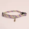 Close-up detail view of colorful striped pet collar featuring a small tie pendant and buckle. - Purple