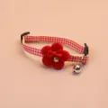 Red plaid pet collar with cute plush flower and bell, perfect for cute cats and small dogs. - Red