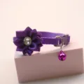 Detail shot of the purple pet collar showing the satin fabric flower, rhinestone accent. - 1.0cm / Purple