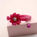 Detailed view of pink pet cat dog collar with satin flower rhinestone and a cute bell. - 1.0cm / Rose Red