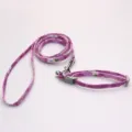 Detailed shot of purple floral pet leash and collar set, featuring secure metal hook and clasp. - Fuschia