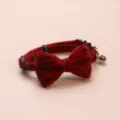 Red leopard print plush bow pet collar with metal bell and secure buckle for cats and dogs. - Red