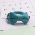 Blue velvet pet collar with bow and bell for small dogs and cats, soft and comfortable detail. - Sky Blue