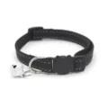 Black reflective cat collar with bell, safety buckle, and metal D-ring for pets. - Black