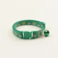 Green pet cat dog collar with cute cartoon print, adjustable buckle and metal bell for small pets. - Dark Green