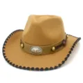 Chapeau de cowboy western en feutre kaki à large bord, bande en cuir et boucle tête de taureau. - Taille unique / Kaki