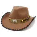 Premium brown wool western cowboy hat with wide brim, silver bull buckle and decorative belt. - One Size / Coffee