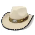 Chapeau de cowboy feutre large bord rétro western avec boucle tête de taureau métal et bord noir. - Taille unique / Beige