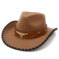 Cappello da cowboy occidentale marrone con ornamento di toro in metallo e bordo nero. - Caffè