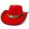 Chapeau de cowboy en laine rouge avec bouclette tête de taureau argentée et large bord. - Taille unique / Rouge