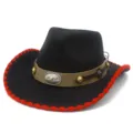 Black wool cowboy hat with red trim, western bull skull buckle belt, wide brim fedora. - One Size / Black