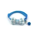 Close-up of blue plaid pet collar showcasing the cute bowknot and metal bell accessory. - Sky Blue