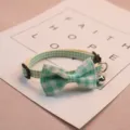 Green plaid pet collar with cute bow and bell, adjustable dog cat collar for small animals. - Green