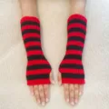 Manguitos de punto a rayas rojo y negro guantes sin dedos para mujer invierno cálidos - Talla única / Rayas Rojo y Negro