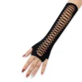 Mangas de malla elástica negra, guantes largos calados estilo punk sexy para mujeres. - Talla única / Cruce Calado Sin Dedos / Negro
