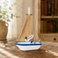 Modello di decorazione per barca a vela in legno mediterraneo con vela in juta e ancora - Barca di Tela Stile Ancora