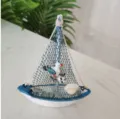 Mediterranean wooden sailboat ornament, mini model with cotton net and shell for decor. - Seabird Style / 11x14x2.7cm