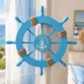 Timone navale in legno blu costiero con corda di canapa rustica e dettagli oceanici. - 28cm / Azzurro