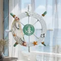 Wooden ship wheel wall hanging with crackled finish, decorative fishnet, shells, and starfish. - 28cm / Fish Patch Style