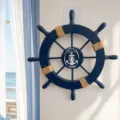 Timone di nave in legno decorazione da parete stile mediterraneo 28cm ornamento marino - 28cm / Blu scuro