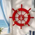 Timone di nave in legno rosso decorazione murale, stile marino nautico variante. - 28cm / Rosso